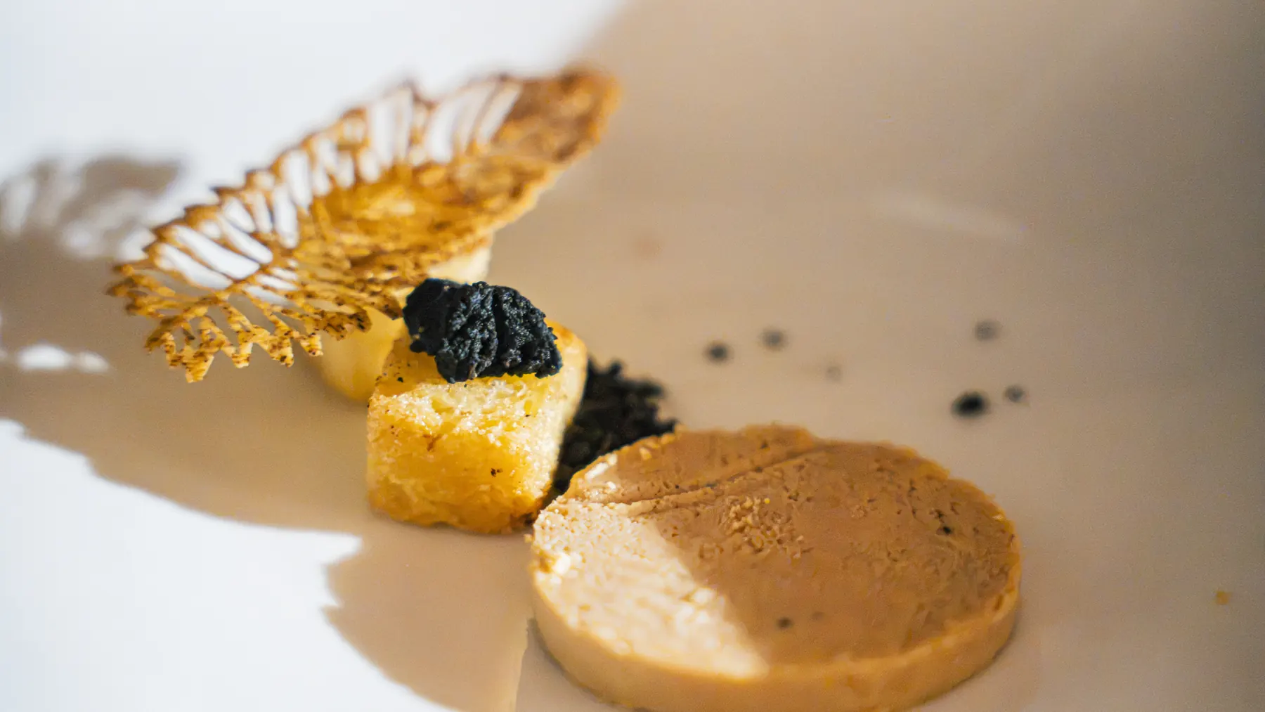 Foie gras, caviar et tuile croustillante sur assiette blanche
